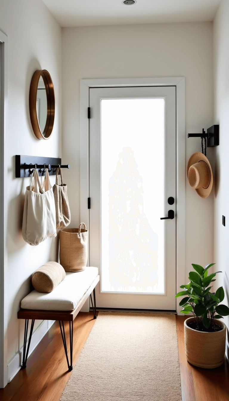 Morning light illuminating a minimalistic apartment entryway with a walnut bench, brass-framed mirror, black peg rail with linen totes and straw hat, jute runner, and a wall-mounted philodendron.