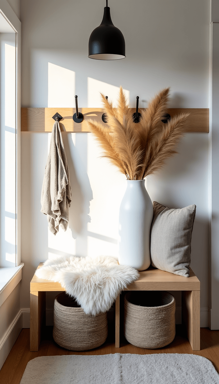 Scandinavian winter themed entry space with dramatic shadows, a bleached oak console with pampas grass, black coat hooks, sheepskin-draped bench, knit storage baskets, and a gray wool runner
