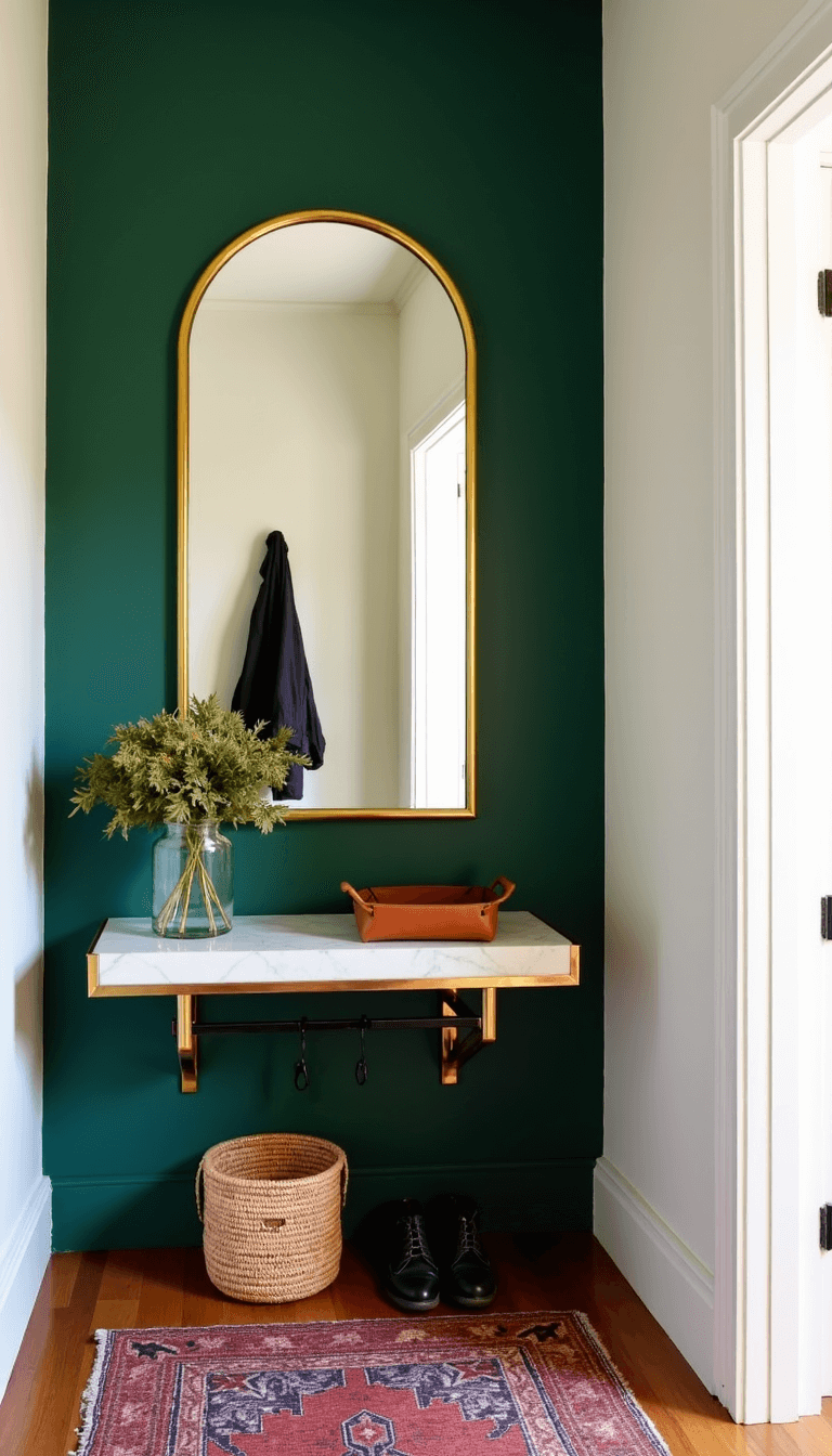 Elegant urban foyer featuring a golden hour ambiance, emerald green accent wall, white surrounding walls, statement brass-and-marble shelf with leather tray, oversized arched mirror, black metal coat hooks, Persian runner, and handwoven shoe basket.