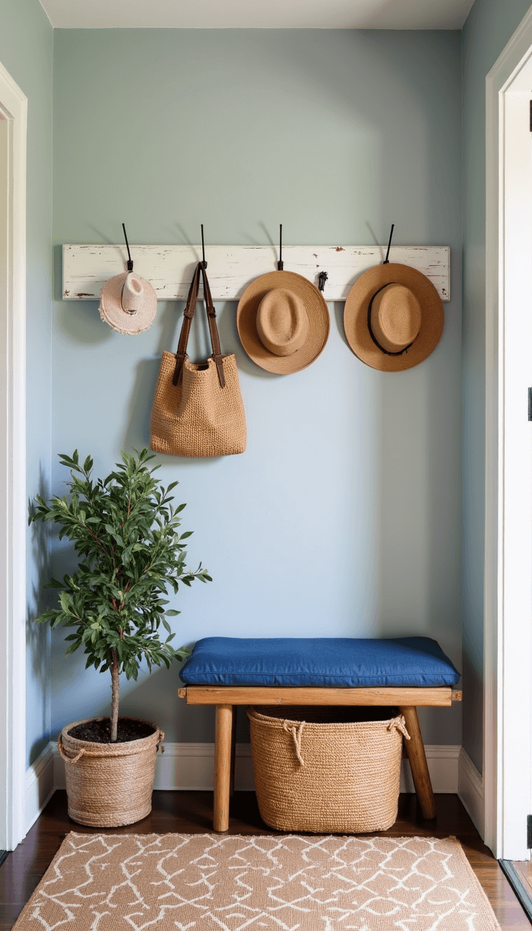 Bright and airy coastal style entryway with whitewashed peg rail holding natural fiber bags and hats, slim rattan bench with maritime blue cushion and oversized seagrass basket underneath, distressed white mirror, potted olive tree, and jute rug with geometric pattern.