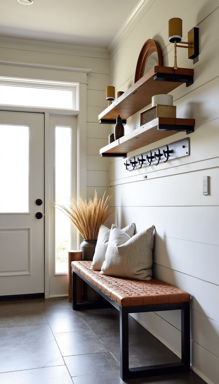 Modern farmhouse entryway featuring shiplap accent wall, black metal hooks, floating shelves, a reclaimed wood bench with woven leather cushion, vintage copper mirror, brass wall sconces, ceramic vessels with dried wheat stems, and slate floor tiles, captured with wide-angle lens in soft morning light.