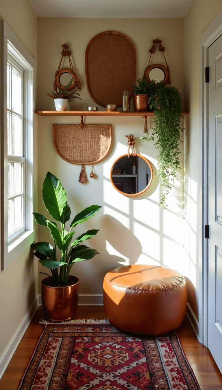 Bohemian style entryway featuring sunlight casting dramatic shadows, adorned with a rattan hanging shelf, macramé details, vintage mirrors, hanging plants in copper planters, a low-profile leather pouf, and a colorful Moroccan-inspired runner.