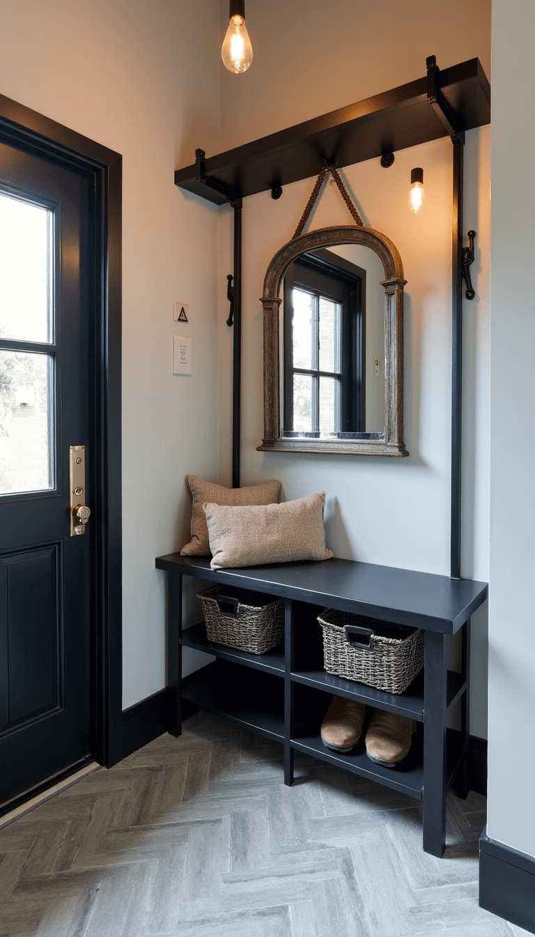 Morning light flowing through industrial-style door into a 5x6ft chic vestibule featuring a wall-mounted steel rack system with bench, shoe storage, and antiqued mirror, alongside herringbone patterned concrete tiles and warm Edison bulb sconce.