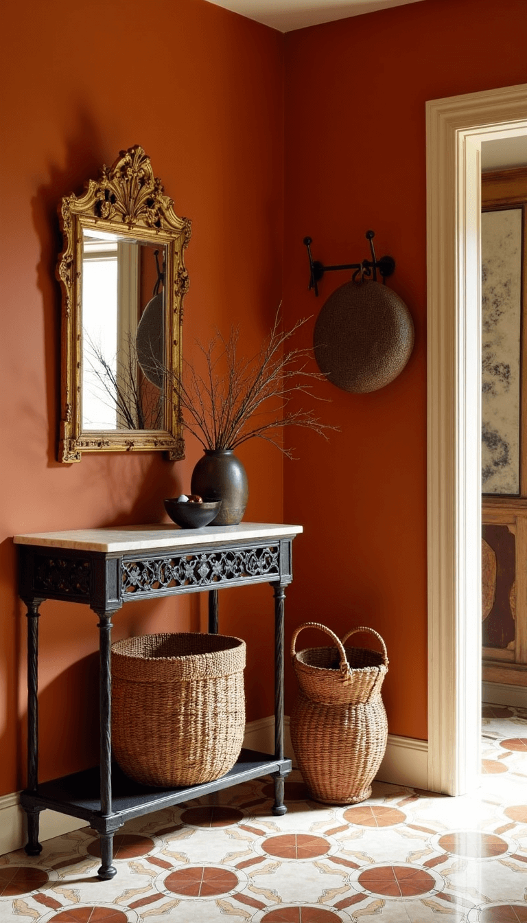 Warm Mediterranean-themed entry space featuring terracotta walls, hand-painted tiles, a wrought iron console, and a gilded mirror