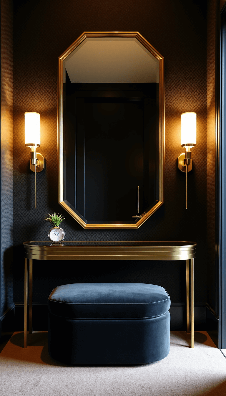 Art deco inspired entryway featuring black and gold geometric wallpaper, oversized brass-framed octagonal mirror, velvet ottoman and slim brass console with smokey mirror top under evening sconce lighting