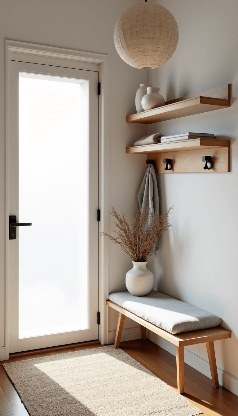 Morning light casting soft shadows through a frosted glass door in a small Nordic Zen Entrance, featuring a pale oak floating shelf with hooks, minimalistic bench with light gray linen cushion, oversized round paper pendant, simple ceramic vessels with dried botanicals, and natural wool runner.