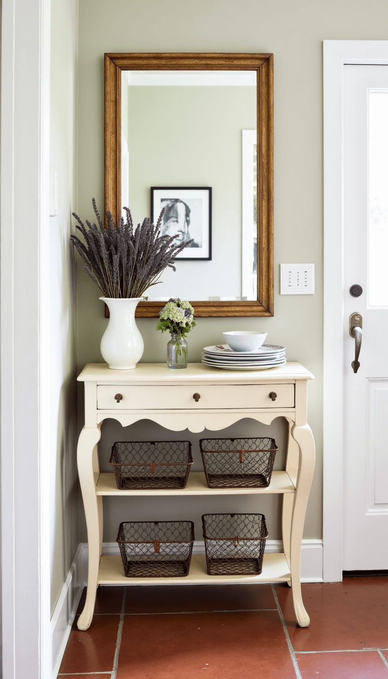 Vintage cream console with curved legs in a sunlit 6x6ft French Country style entryway, featuring
</p></noscript>
<div class=