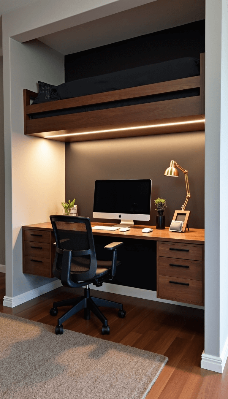 Modern home office with espresso wooden loft bed, custom-built desk underneath with wireless chargers, lit by recessed LED strips, and styled with ergonomic chair and minimalist desk accessories.