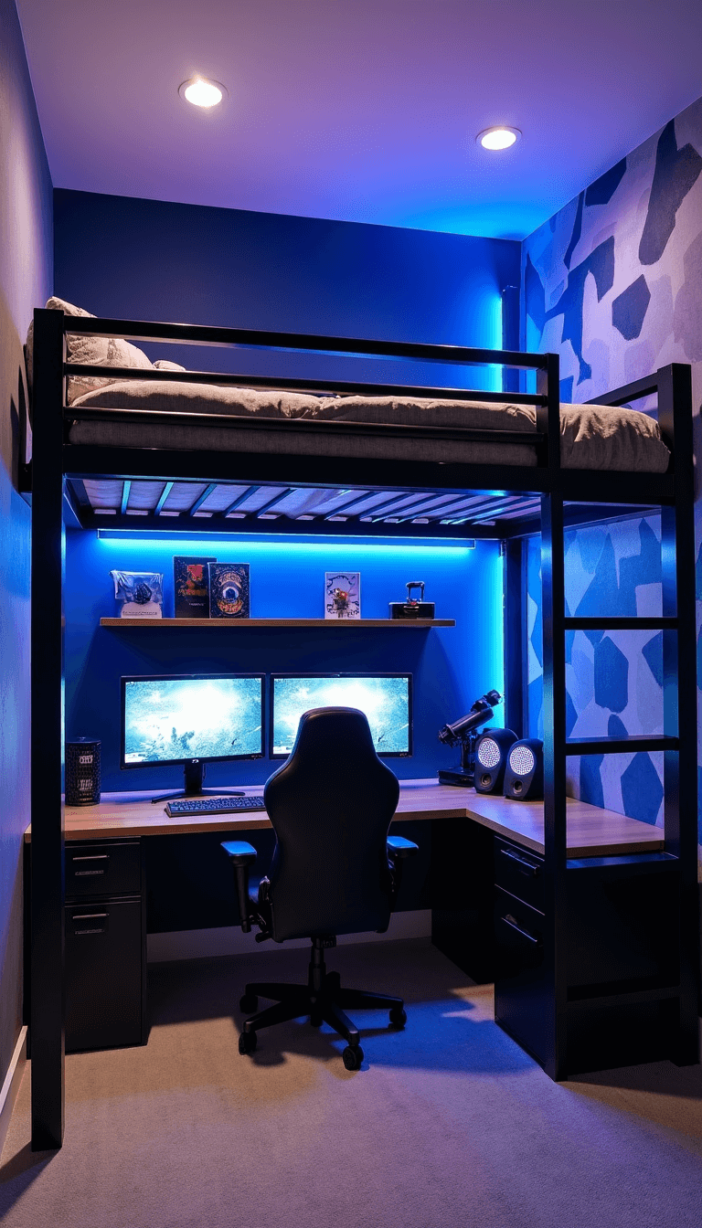 Modern teen bedroom featuring 9'x12' navy loft bed with LED strip lighting, dual-monitor gaming setup, sound dampening acoustic panels, and color-changing smart lighting system. Styled with geometric wallpaper and floating shelves displaying collectibles.