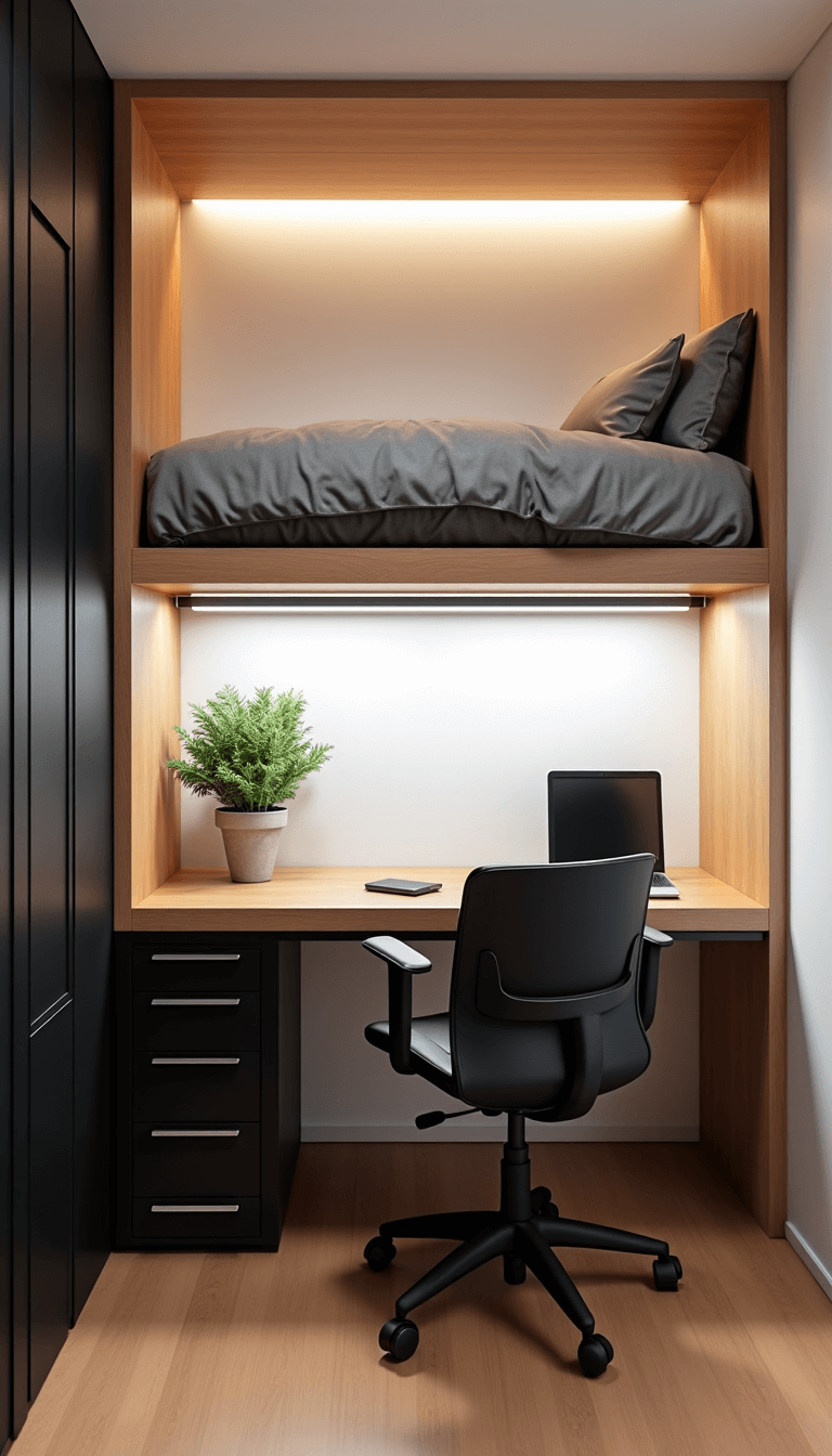 Compact Smart Studio with integrated smart loft bed, motorized standing desk, programmable lighting, and hidden tech storage, styled with minimalistic tech accessories.