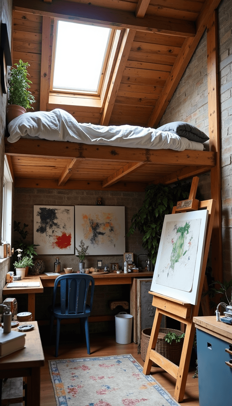 Artist's atelier featuring reclaimed wood loft bed, skylight, easel, art supplies, gallery wall of personal works, and vintage art tools in afternoon light.