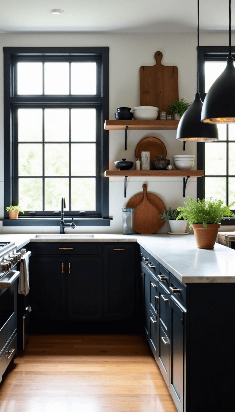 Modern Farmhouse: Your Ultimate Home Transformation Playbook Modern farmhouse kitchen with afternoon light streaming through steel-framed windows, showcasing marble countertops, black cabinets, open shelving with earthenware, vintage cutting boards, pendant lights casting shadows, and fresh herbs in terracotta pots.