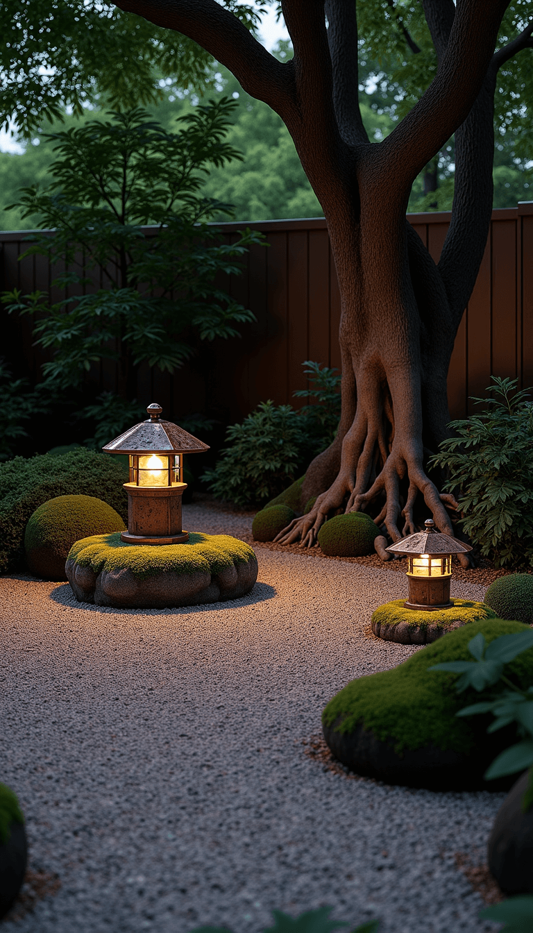 Wabi-Sabi Garden Design: Embracing Imperfect Natural Beauty Twilight view of a Japanese meditation garden featuring stone lanterns, an ancient maple tree, and moss-covered rocks bordering raked gravel patterns, lit with silver moonlight.