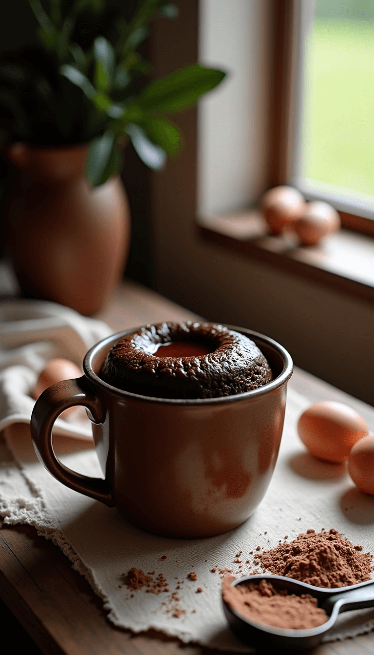 Professional food photography setup of a chocolate lava cake in a rustic mug on a wooden table, surrounded by scattered baking ingredients, with warm lighting streaming through a kitchen window.