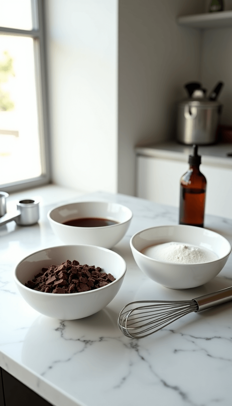 Overhead shot of ingredient preparation in a modern kitchen with white ceramic bowls for dry and wet ingredients, and chocolate chunks on a marble countertop with minimal props like a whisk, measuring cups, and a vanilla bottle