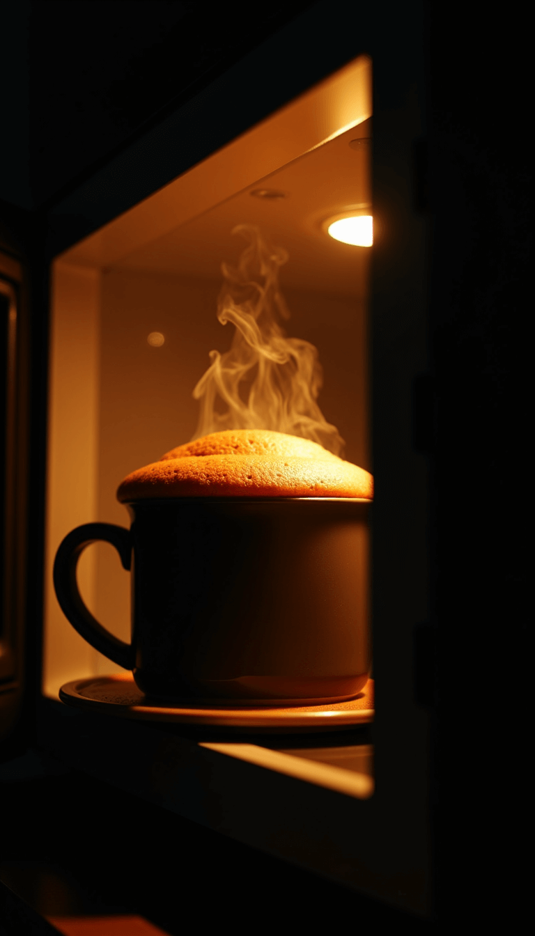 Microwave interior featuring a vintage-style mug cake rising, bathed in a warm, golden glow, with steam wisps highlighted by professional rim lighting against black background.