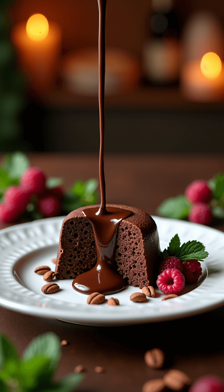 Luxurious dessert plate with a split cake oozing molten chocolate, garnished with cocoa nibs, fresh berries and mint leaves in a dimly lit kitchen ambiance