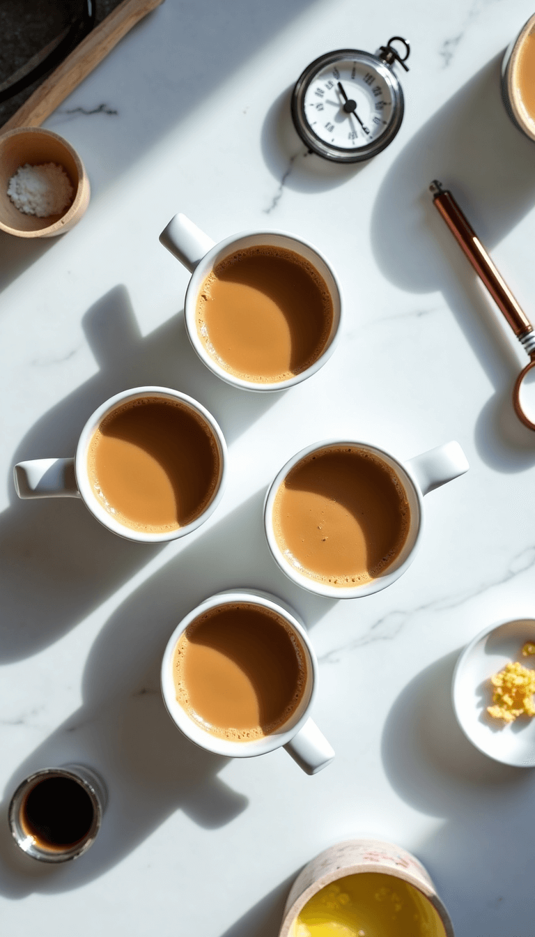 Bright and airy kitchen workspace with three mugs demonstrating different results in a troubleshooting sequence, alongside timer, temperature gauge and ingredient measurements on a white marble surface, shot under professional softbox lighting.