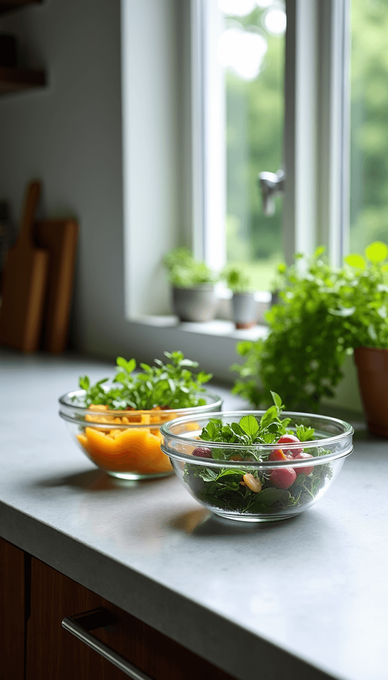 Side-by-side comparison of regular and dietary modification ingredients in glass bowls on a concrete counter in a contemporary kitchen bathed in natural afternoon light, labeled clearly and accentuated with fresh green herbs, shot at f/5.6 in soft grays and natural food colors