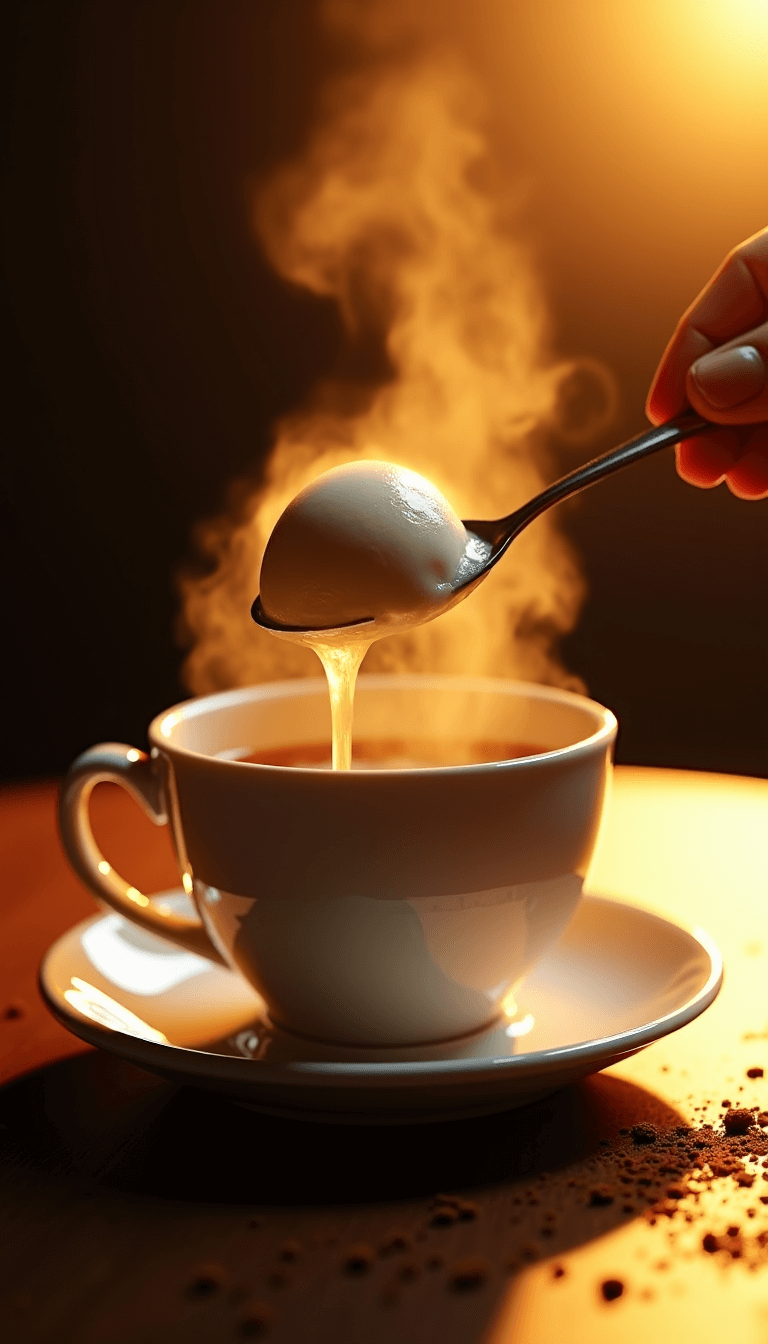 Close-up of steamy dessert served during golden hour, with melting vanilla ice cream dripping down vintage spoon on saucer, against a dark wooden surface dusted with cocoa powder, captured at f/2 for a dreamy aesthetic.