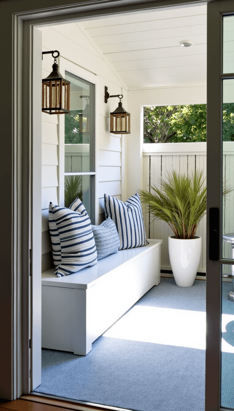 Coastal-inspired patio with navy striped cushions on a whitewashed bench, rope-detailed lanterns, coastal grasses in white ceramic planters and a mirror-polished steel table on a pale blue rug.