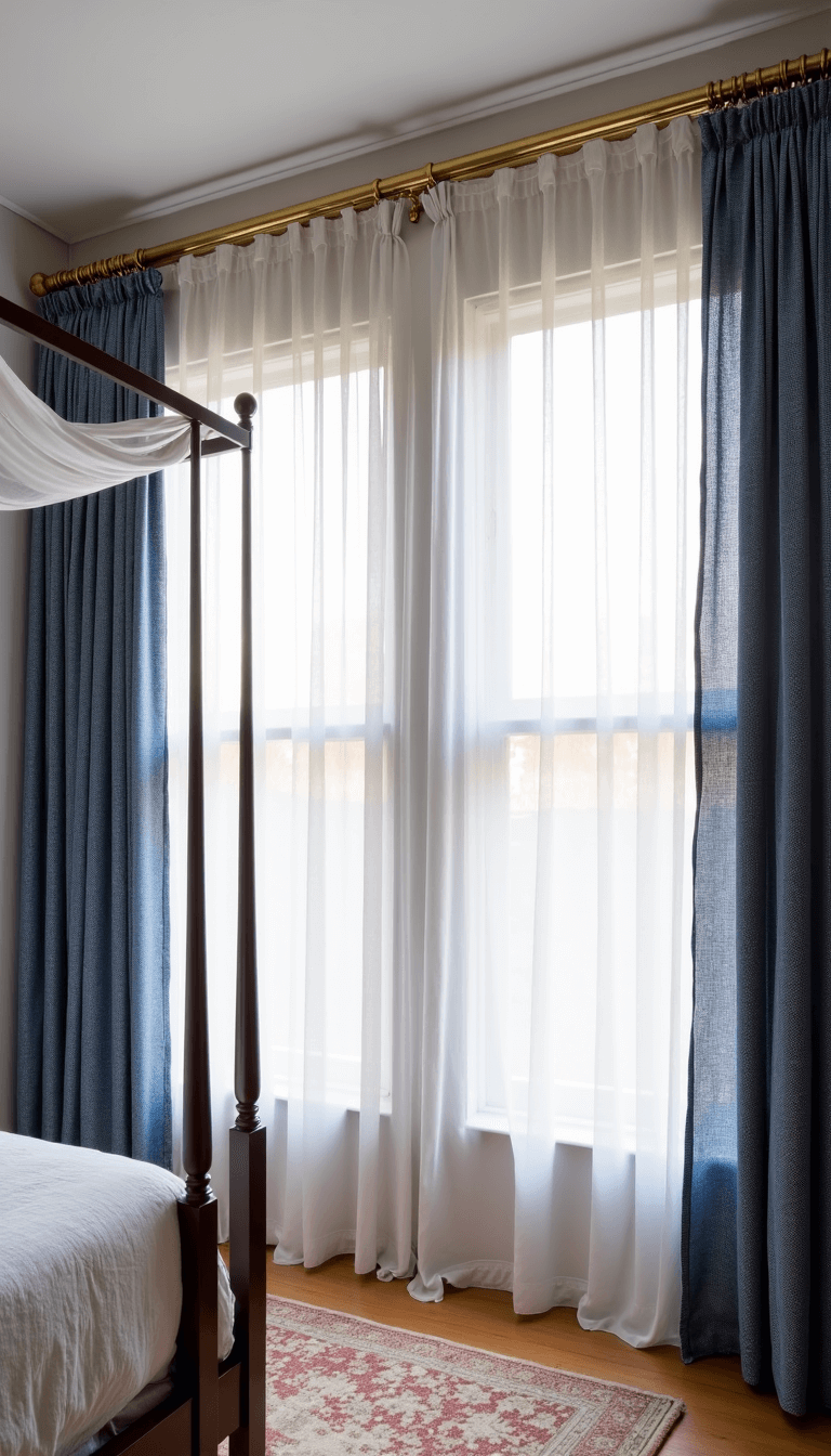 Spacious main bedroom with tall windows dressed in layered white, pink and indigo curtains, brass hardware, four-poster bed with canopy, in soft natural light.