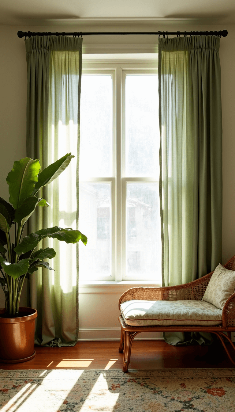 Corner bedroom with sage green and cream window treatments, a vintage Turkish rug, rattan daybed, and brass accents, bathed in mid-morning sunlight.