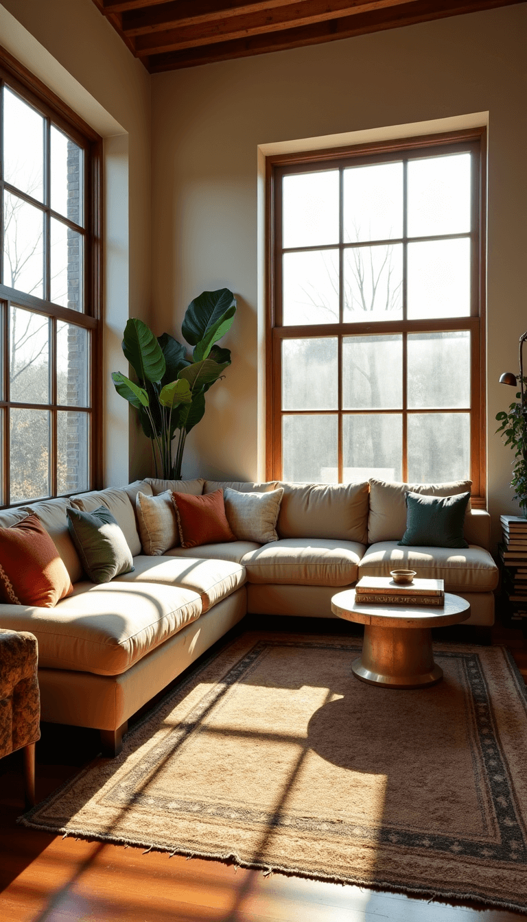 Golden hour sunlight streaming into a spacious 20x24ft living room with an oatmeal sectional, weathered leather armchair, brass lamp, and layered Persian and jute rugs seen from the entrance doorway