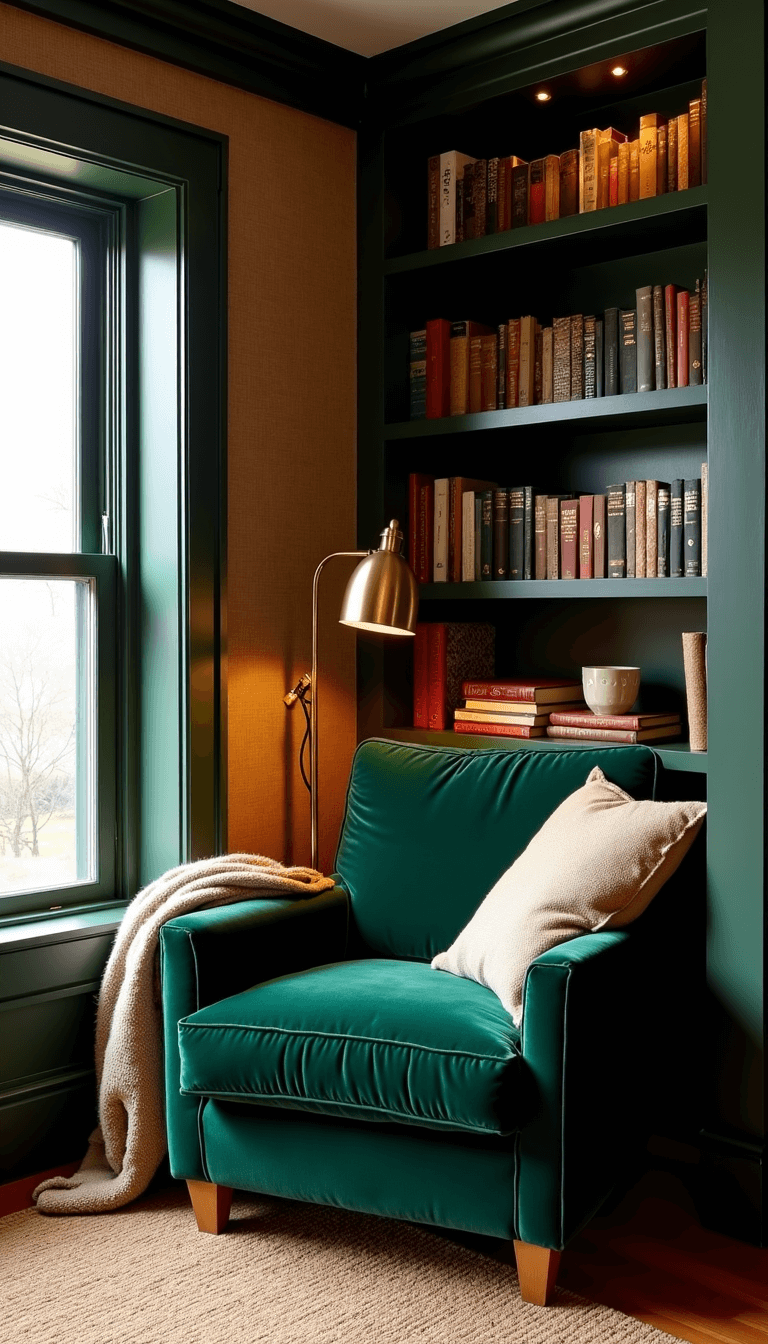 Cozy reading nook with green velvet armchair, wool throw, brass lamp, and built-in bookshelves during blue hour, shot at a low angle for a dreamy effect
