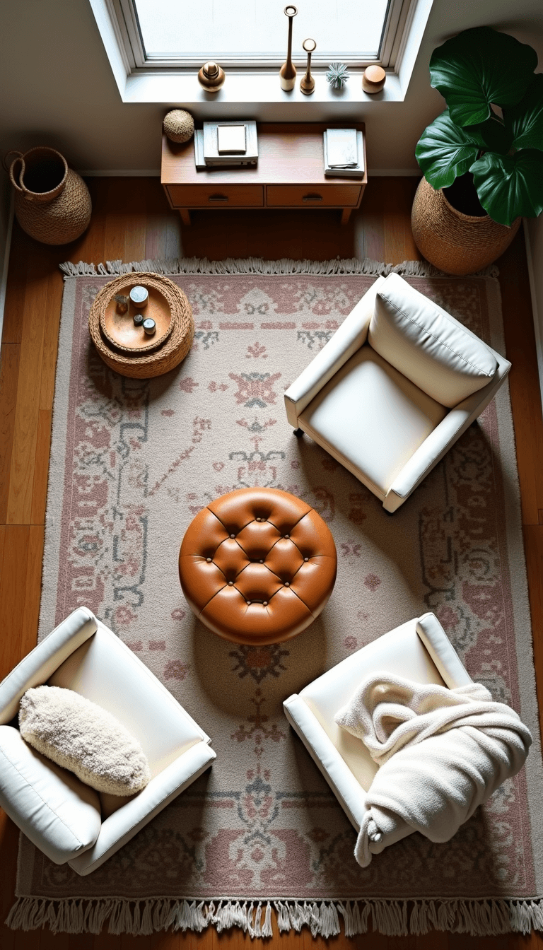 Overhead shot of a conversational seating arrangement with cream chairs, leather ottoman, woven baskets, knit throws, ceramics, art books, brass objects and monstera plant on a vintage Moroccan rug, lit by a skylight.