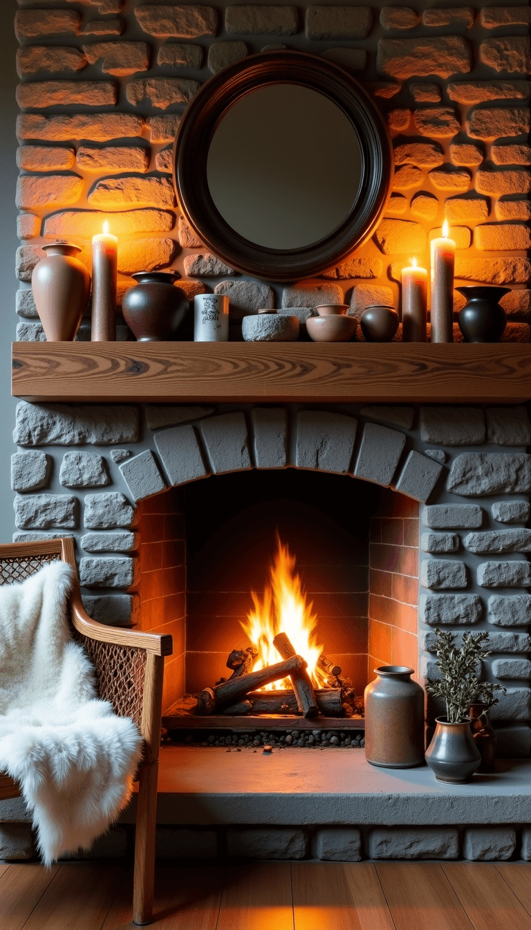 Close-up of a warm and cozy fireplace scene at dusk, adorned with pottery, family photos and candles, with a sheepskin draped rattan chair and copper accents