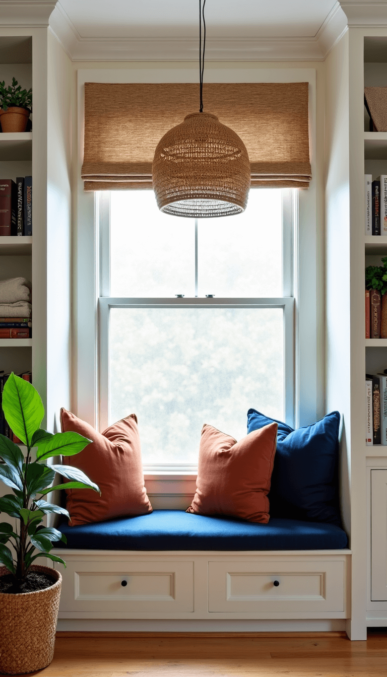 Cozy window seat nook filled with morning light, indigo, cream and terra cotta pillows, white built-ins, rattan pendant creating geometric shadows, potted fiddle leaf fig, natural fiber roman shade, personal travel souvenirs and books; shot at 35mm, f/4
