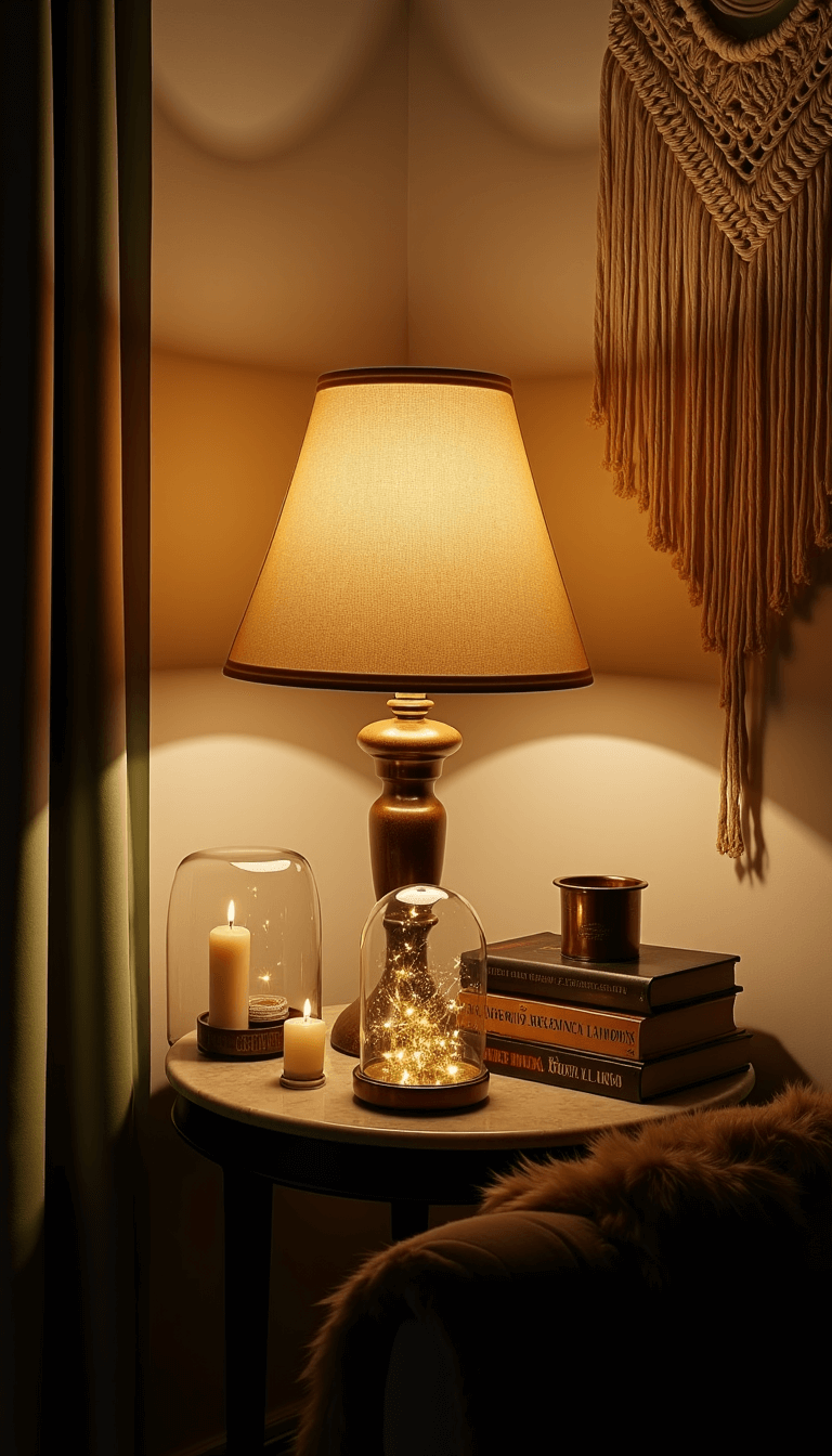 Twilight scene with table lamp, brass objects, fairy lights in glass cloche, flameless candles, vintage art books, and macramé wall hanging on marble side table
