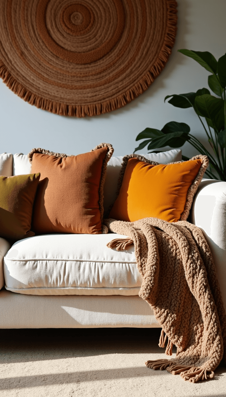Detail shot of cream boucle sofa with kilim pillows, chunky knit throws and velvet cushions in rustic tones under late afternoon light