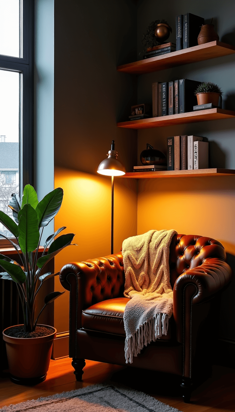 Reading corner at sunset with Chesterfield leather chair, brass pharmacy lamp, styled shelves with books, cable knit throw, and monstera plant, shot at f/2 for a moody atmosphere