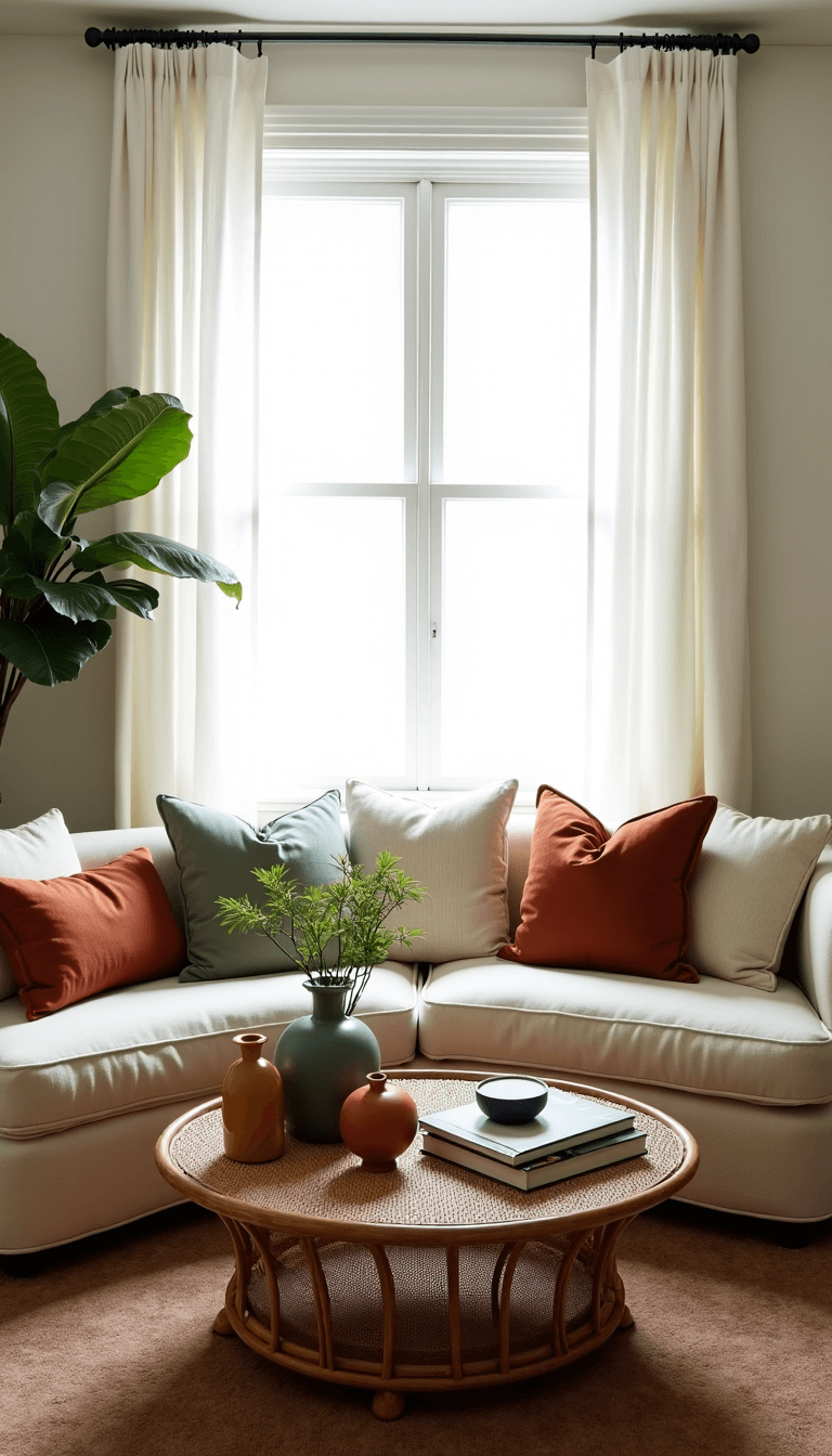 Bright morning in a cozy seating area with white curtains, curved bouclé sofa, rattan coffee table, fiddle leaf fig plant and vintage rug