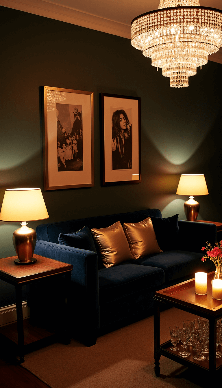 Evening interior with dim chandelier, illuminated table lamps and candles, navy velvet sofa with metallic pillows, and a styled bar cart with vintage glasses