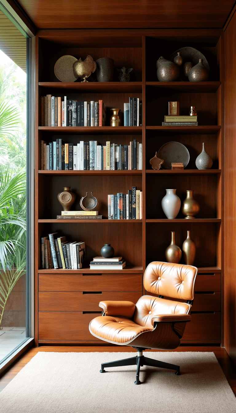 Mid-century modern den featuring walnut wall unit, geometrically arranged books, vintage pottery, brass sculptures, Eames lounge chair, accentuated by the afternoon light filtered through palm fronds.