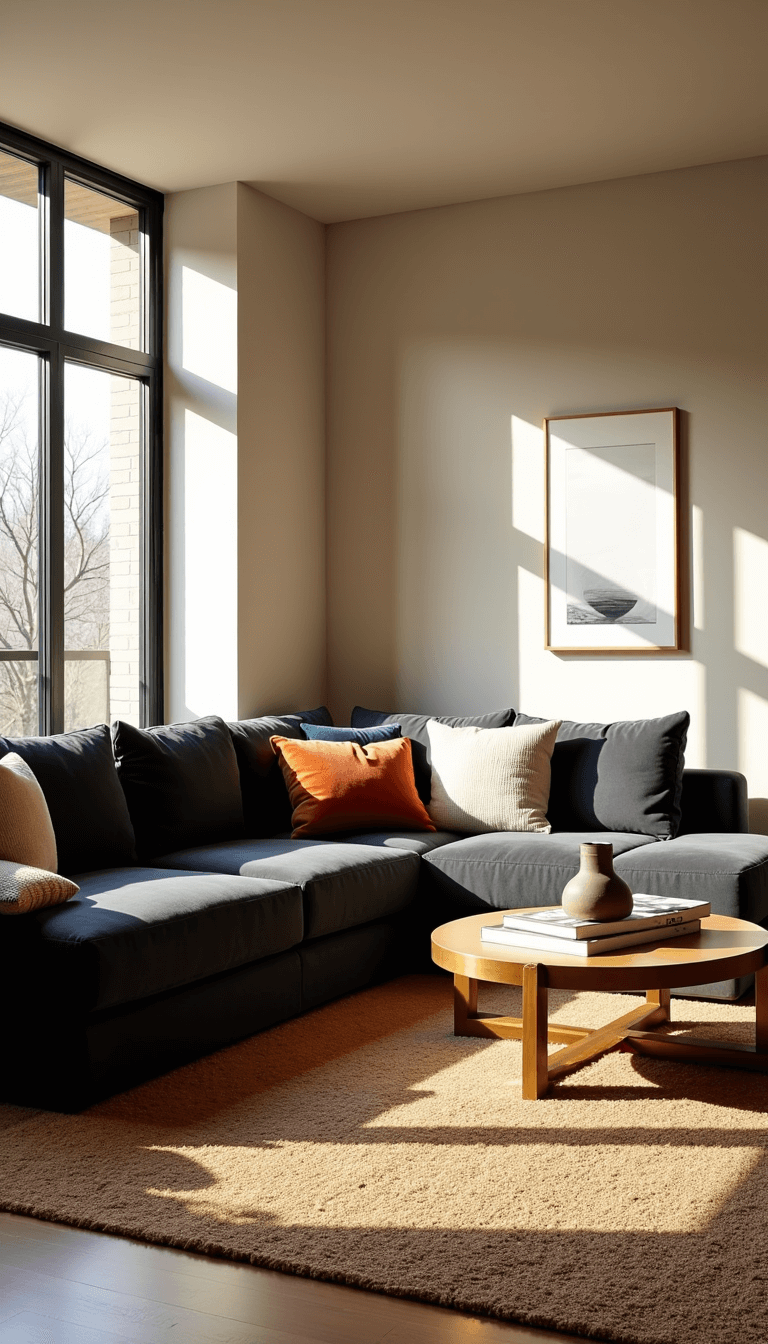 Sunlit contemporary living room with high ceilings, floor-to-ceiling windows, charcoal grey sectional sofa adorned with textured pillows, round brass coffee table, and layered rugs, shot from a low corner angle.