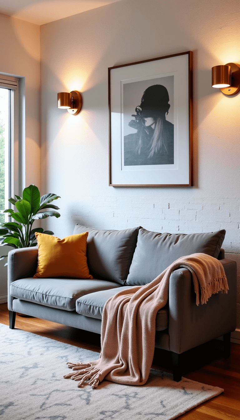 Cozy mid-century modern living room at dusk with grey loveseat against white brick wall, black-and-white photography gallery, copper floor lamps, and pastel geometric rug
