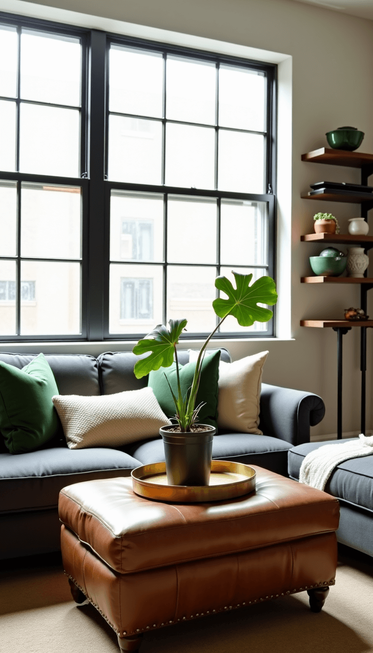 Morning-lit compact urban apartment living room with grey tuxedo-style sofa, industrial-style windows, sage and cream pillows, distressed leather ottoman with brass tray and potted fiddle leaf fig, and floating shelves showcasing pottery.