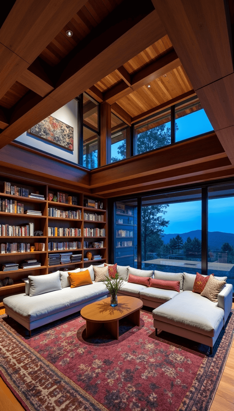 Open concept living room with wooden beams, grey modular sofa, jewel-toned vintage rug, and plenty of books on floor-to-ceiling shelves, shot during blue hour from mezzanine level