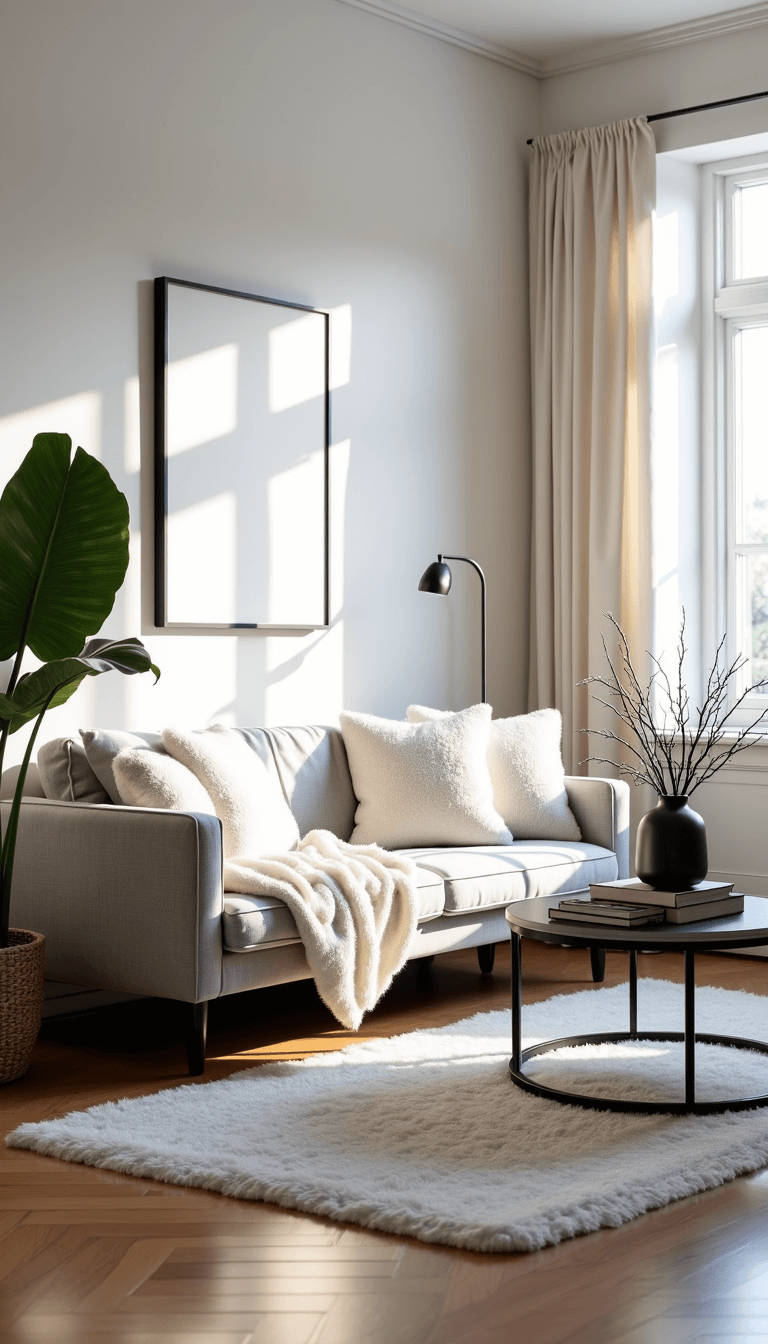 Scandinavian-inspired living room with light grey sofa, white sheepskin throws and knit pillows, black metal coffee table with art books, large monstera plant, and white oak herringbone floors in soft morning light