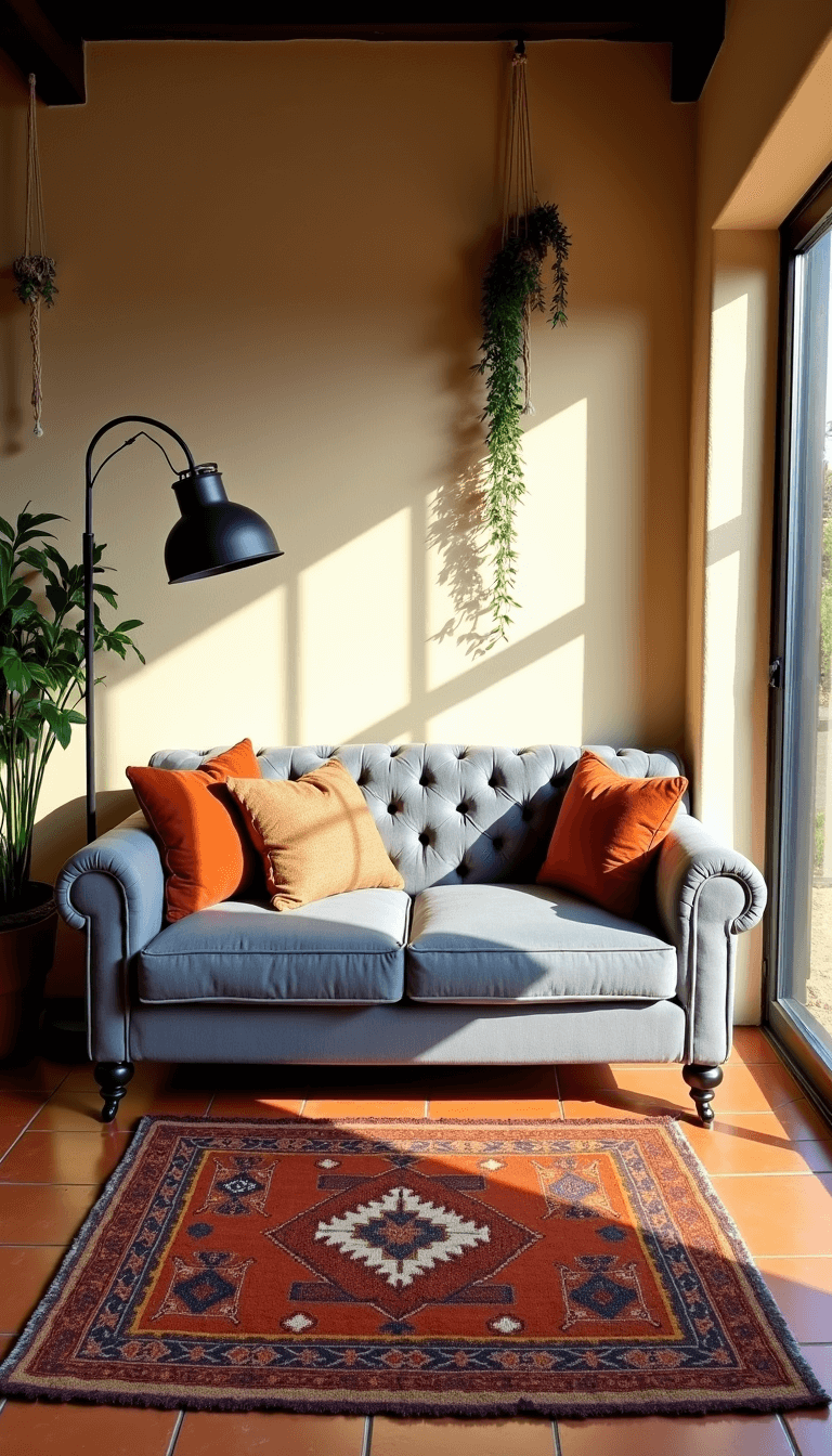 Elegant 18x22ft Mediterranean living room bathed in golden hour light with a grey tufted sofa, vintage kilim rugs, wrought iron floor lamps, and trailing plants in macramé hangers on terracotta tile floor.