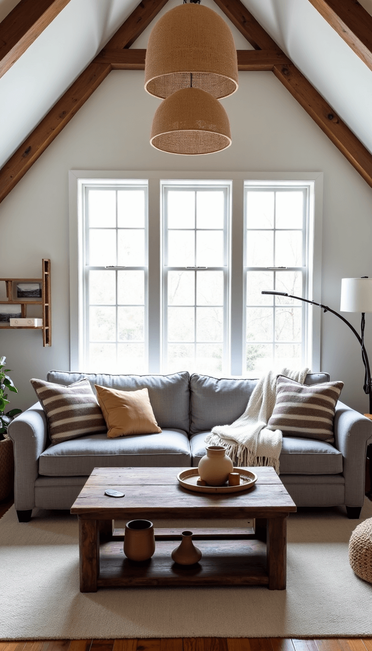 Modern farmhouse living room with high cathedral ceilings, exposed beams, a grey linen sofa with striped pillows, a reclaimed wood coffee table with vintage pottery and ambient woven grass shade pendants, illuminated by morning light through windows.