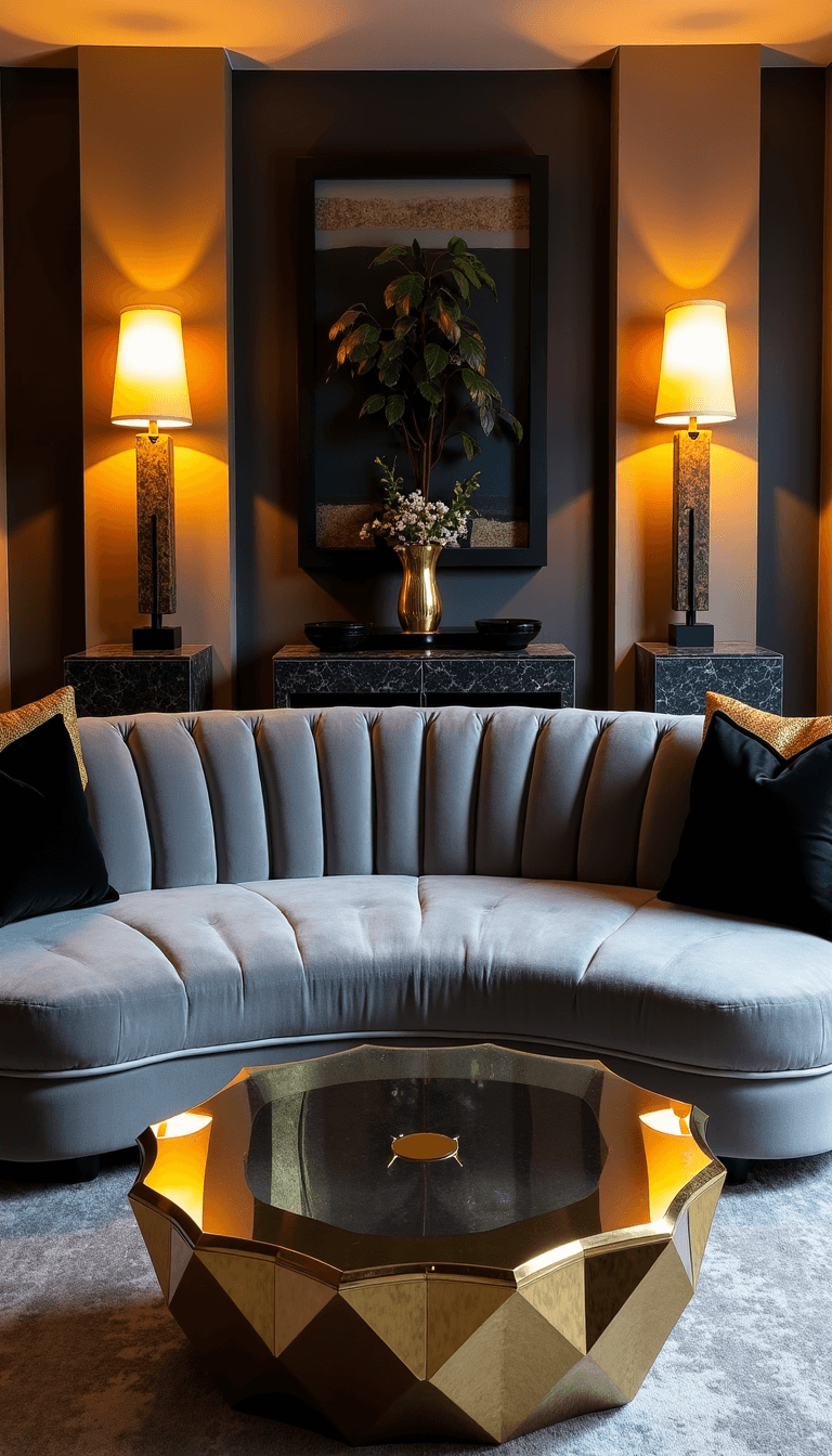 Art deco-inspired living room at twilight featuring a curved grey velvet sofa, brass and glass coffee table, vintage sconces, black and gold accent pillows, and marble side tables with sculptural lamps for a dramatic atmosphere.