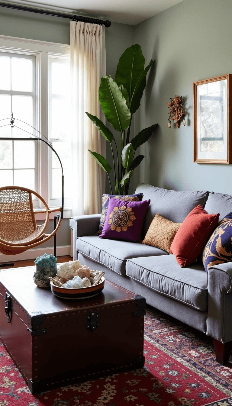 Bohemian living room with grey sofa, globally-sourced jewel-toned pillows, vintage trunk coffee table, hanging rattan reading chair, layered rugs and floor cushions, illuminated by natural afternoon light.