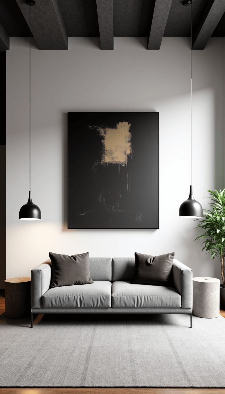 Contemporary loft living room with grey sofa, concrete side tables, abstract canvas backdrop, and black metal lighting fixtures, emphasizing ceiling height and spatial volume.