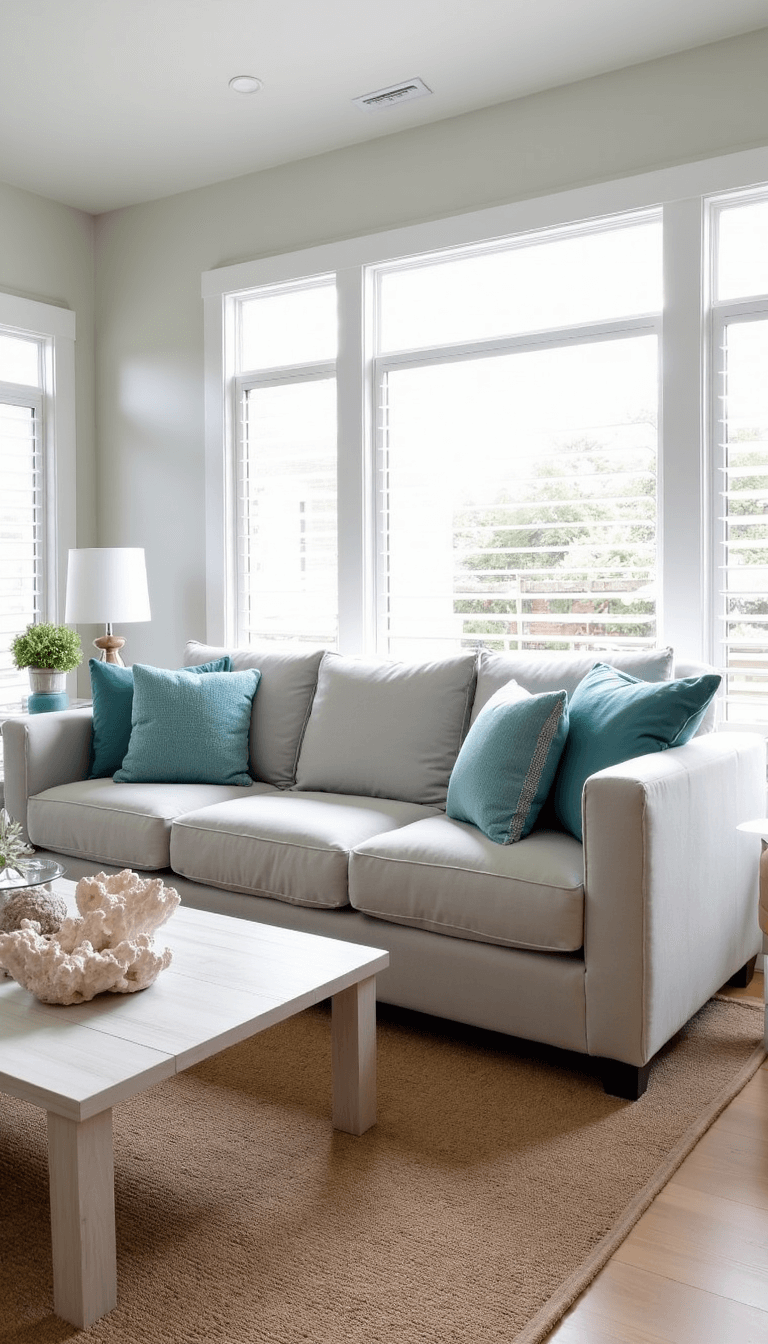 Modern coastal-inspired living room at sunrise featuring light grey sofa with textured pillows, whitewashed wood coffee table with beach-themed decor, and sisal rug on bleached hardwood floor, with morning light streaming through shuttered windows.