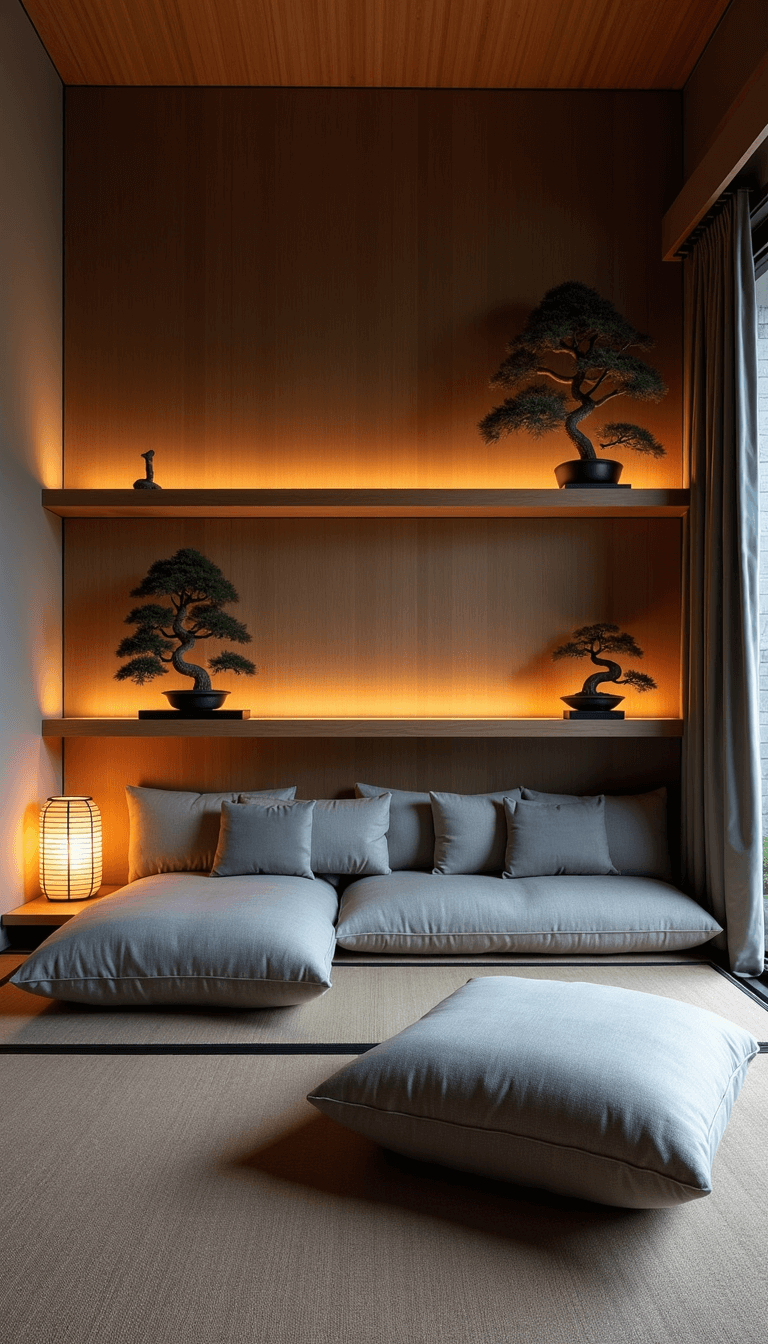 Japanese-inspired living room with minimalist grey sofa, natural fiber cushions, black steel and paper lantern, bonsai on wooden shelves, and tatami mat floor at dusk.